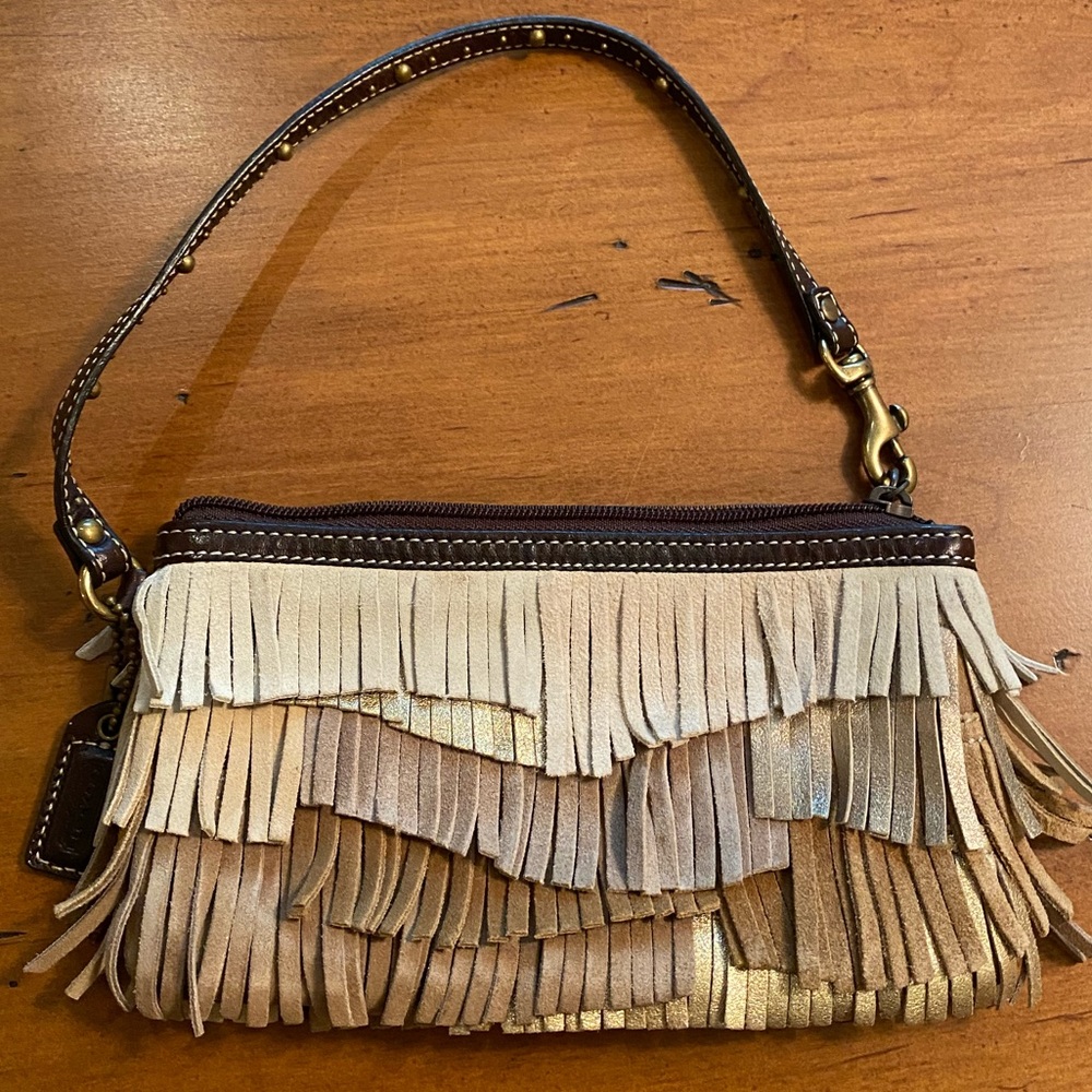 Coach metallic fringe wristlet